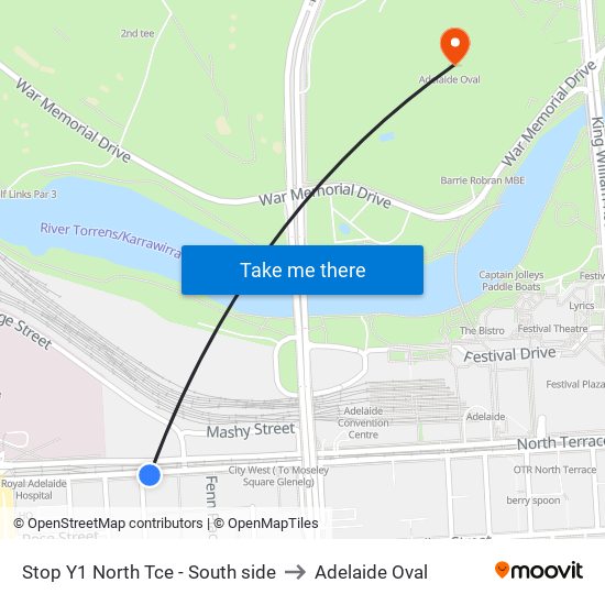 Stop Y1 North Tce - South side to Adelaide Oval map