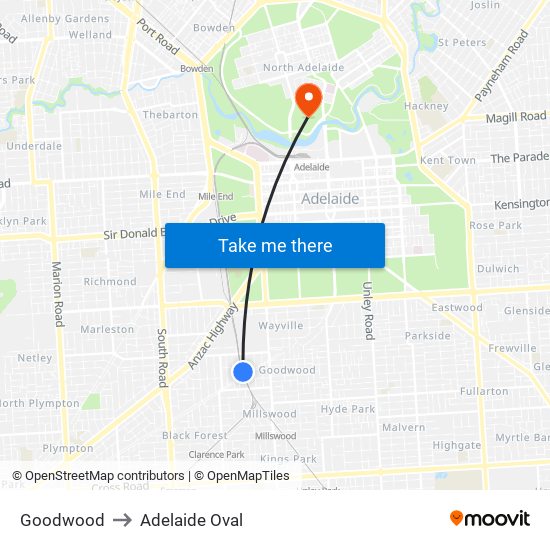 Goodwood to Adelaide Oval map