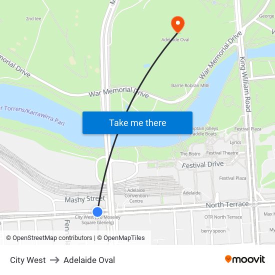 City West to Adelaide Oval map