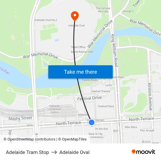 Adelaide Tram Stop to Adelaide Oval map