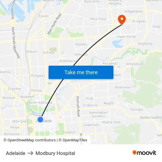 Adelaide to Modbury Hospital map