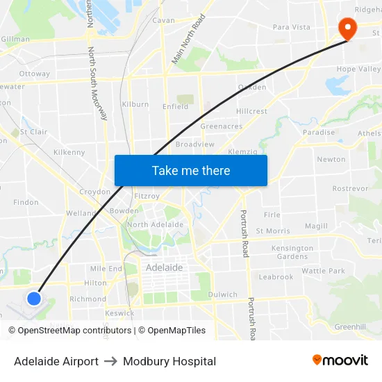Adelaide Airport to Modbury Hospital map