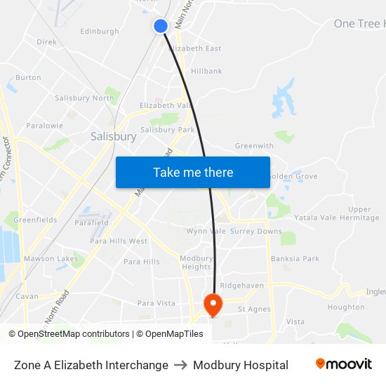 Zone A Elizabeth Interchange to Modbury Hospital map