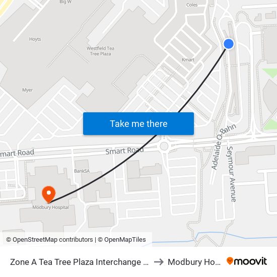 Zone A Tea Tree Plaza Interchange - West side to Modbury Hospital map