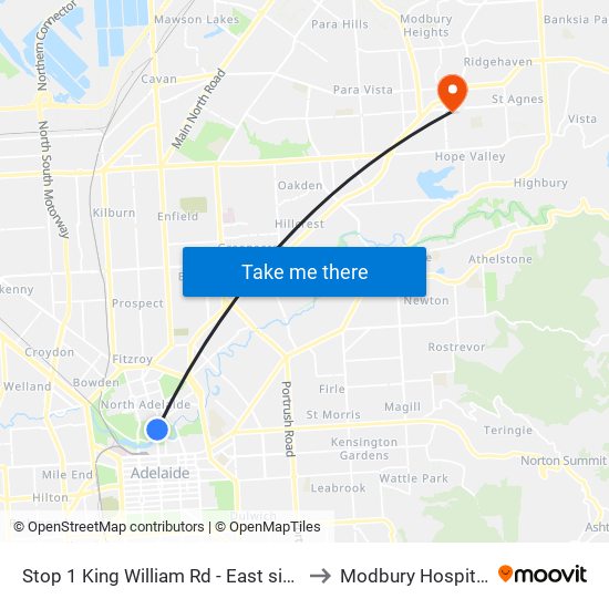 Stop 1 King William Rd - East side to Modbury Hospital map