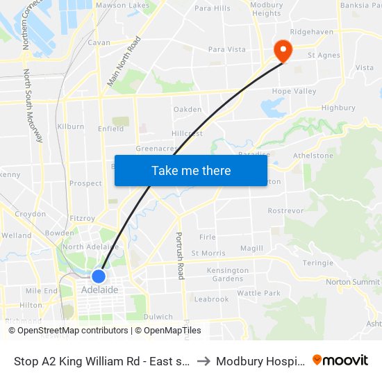 Stop A2 King William Rd - East side to Modbury Hospital map