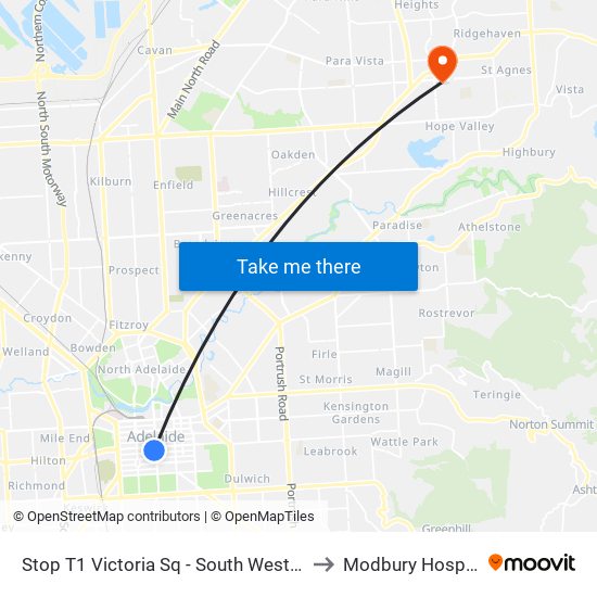 Stop T1 Victoria Sq - South West side to Modbury Hospital map