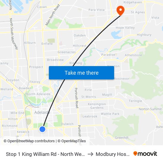 Stop 1 King William Rd - North West side to Modbury Hospital map