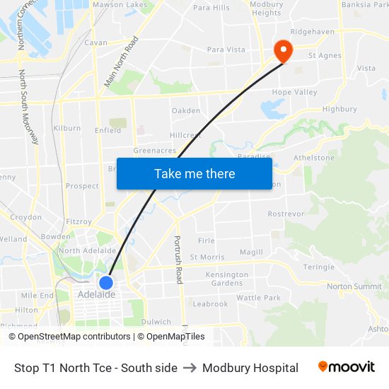 Stop T1 North Tce - South side to Modbury Hospital map