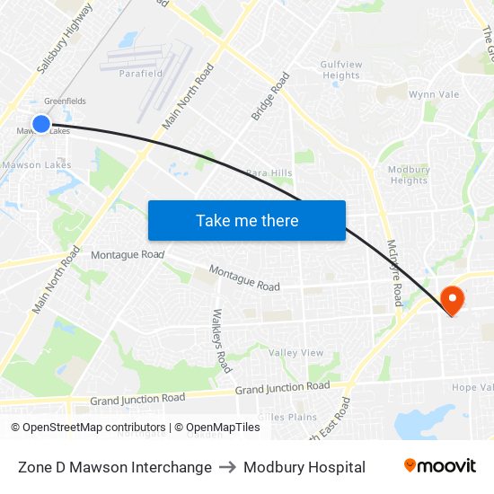 Zone D Mawson Interchange to Modbury Hospital map