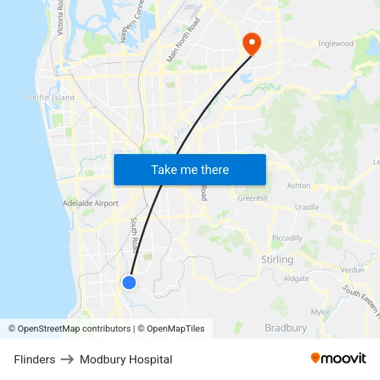 Flinders to Modbury Hospital map