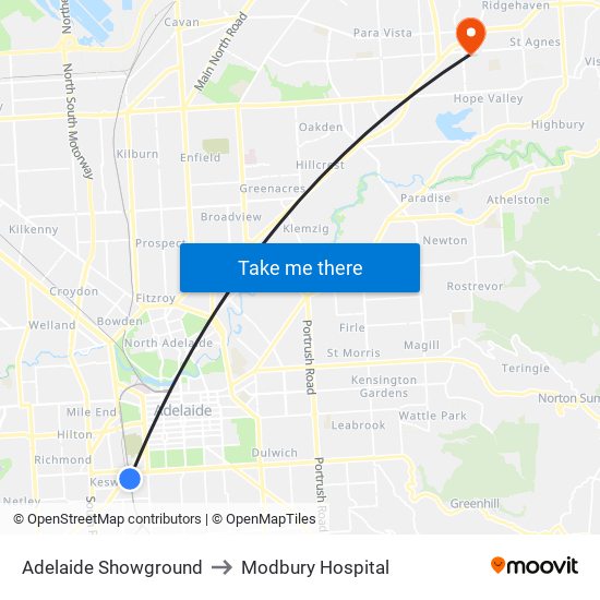 Adelaide Showground to Modbury Hospital map