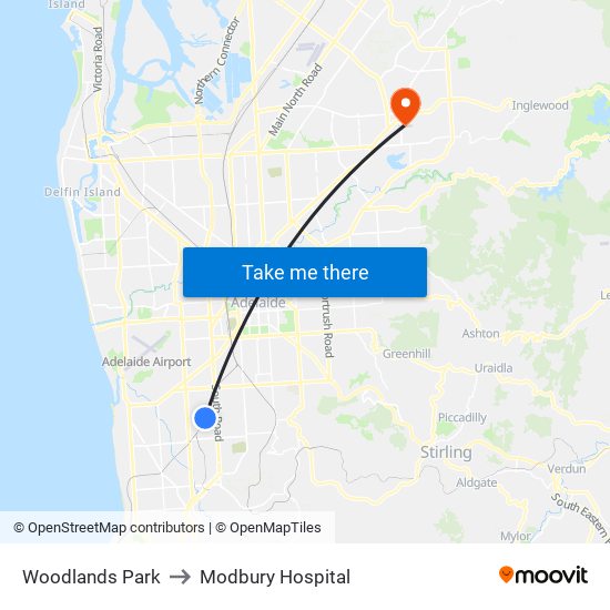 Woodlands Park to Modbury Hospital map