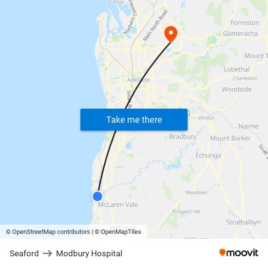 Seaford to Modbury Hospital map