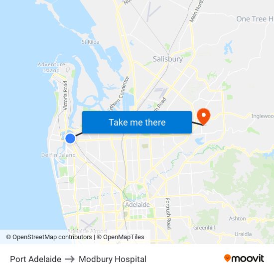 Port Adelaide to Modbury Hospital map