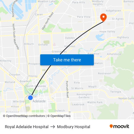 Royal Adelaide Hospital to Modbury Hospital map