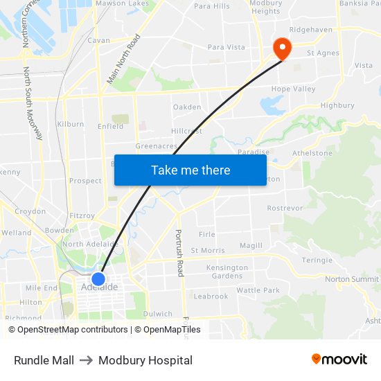 Rundle Mall to Modbury Hospital map