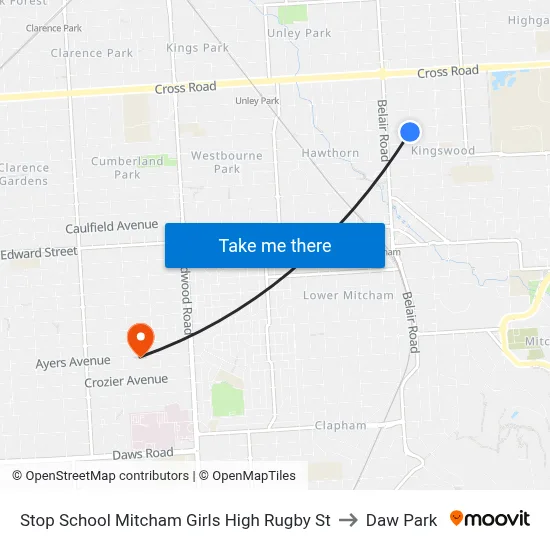 Stop School Mitcham Girls High Rugby St to Daw Park map
