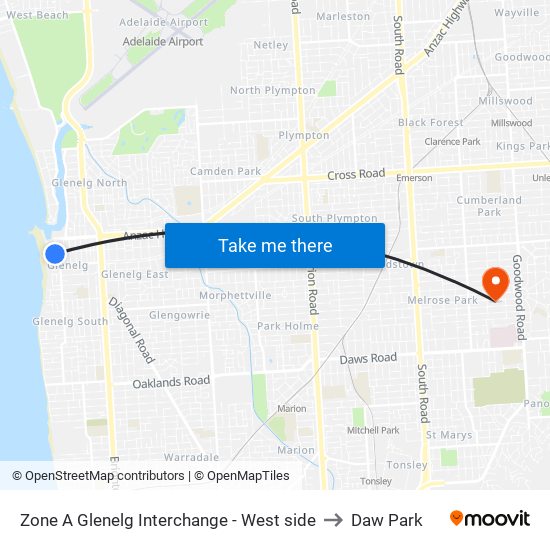 Zone A Glenelg Interchange - West side to Daw Park map