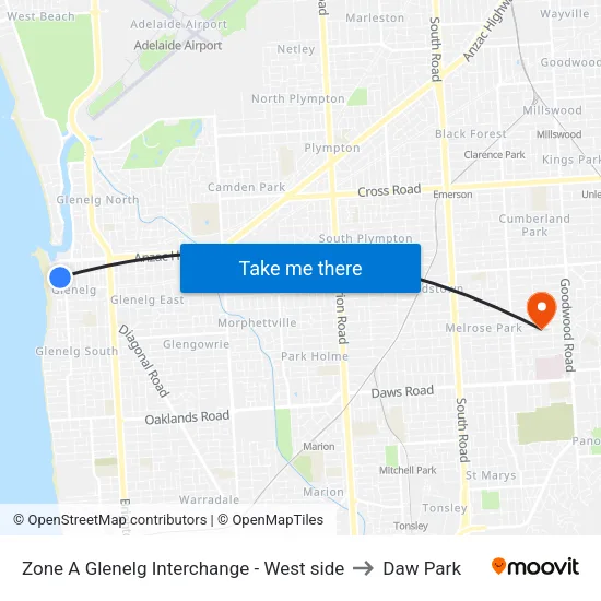 Zone A Glenelg Interchange - West side to Daw Park map