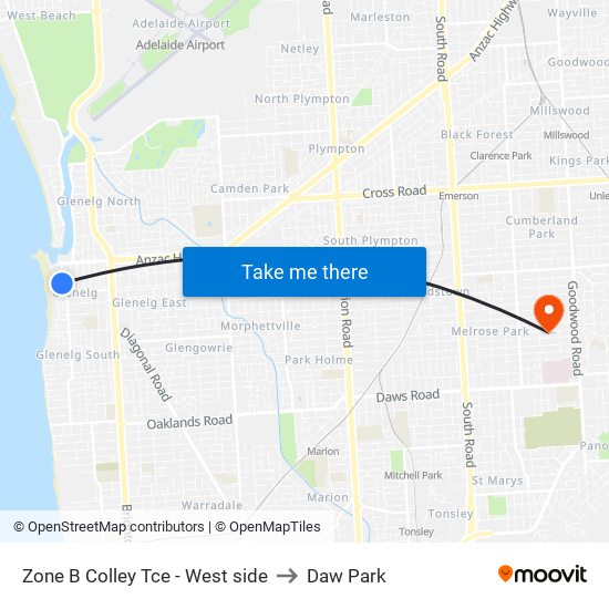 Zone B Glenelg Interchange - West side to Daw Park map