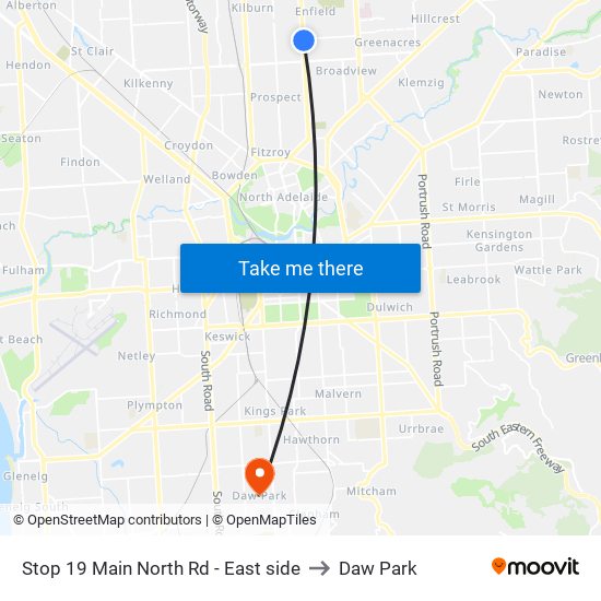 Stop 19 Main North Rd - East side to Daw Park map