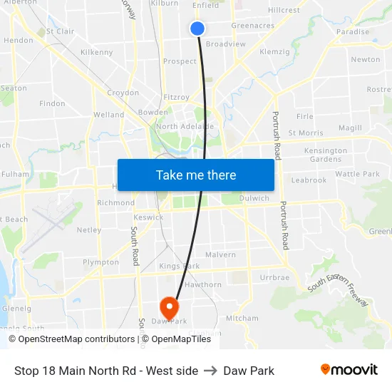 Stop 18 Main North Rd - West side to Daw Park map