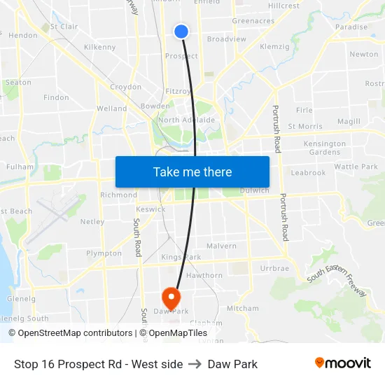 Stop 16 Prospect Rd - West side to Daw Park map