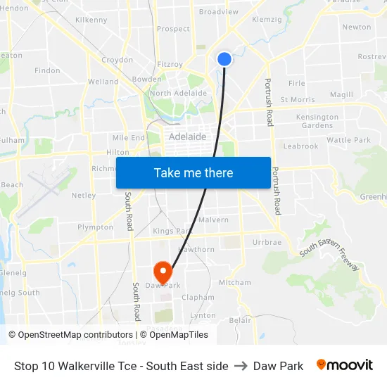 Stop 10 Walkerville Tce - South East side to Daw Park map