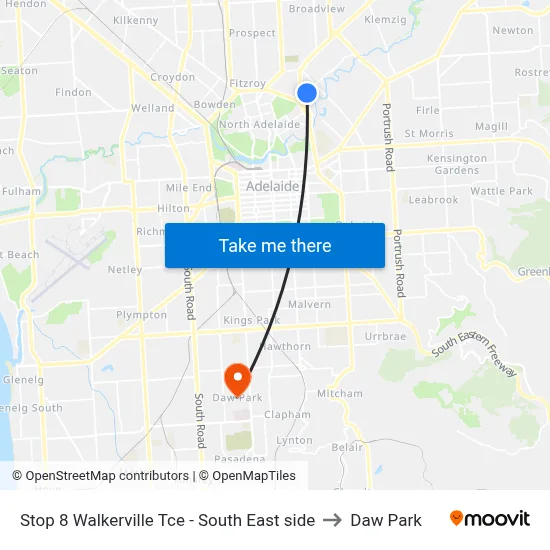 Stop 8 Walkerville Tce - South East side to Daw Park map
