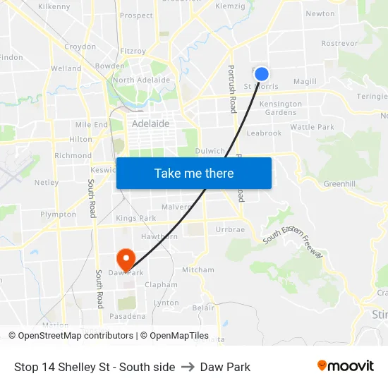 Stop 14 Shelley St - South side to Daw Park map