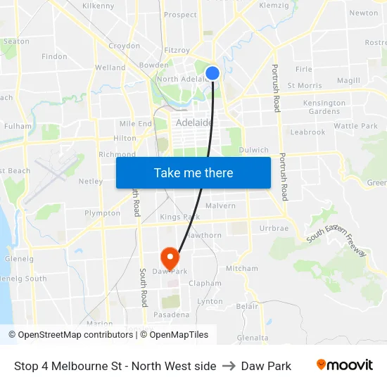 Stop 4 Melbourne St - North West side to Daw Park map