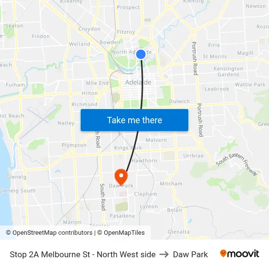 Stop 2A Melbourne St - North West side to Daw Park map