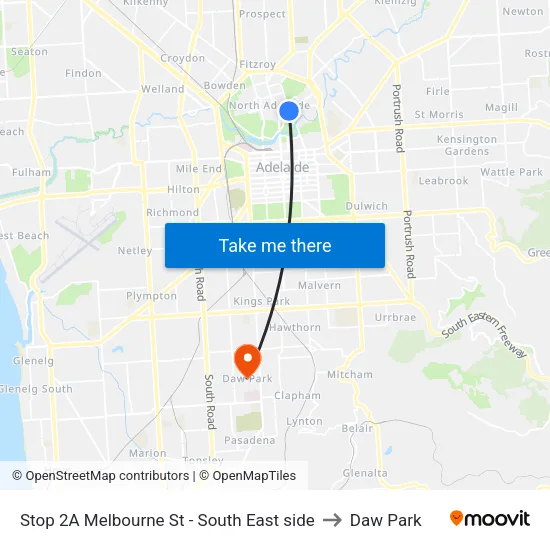 Stop 2A Melbourne St - South East side to Daw Park map