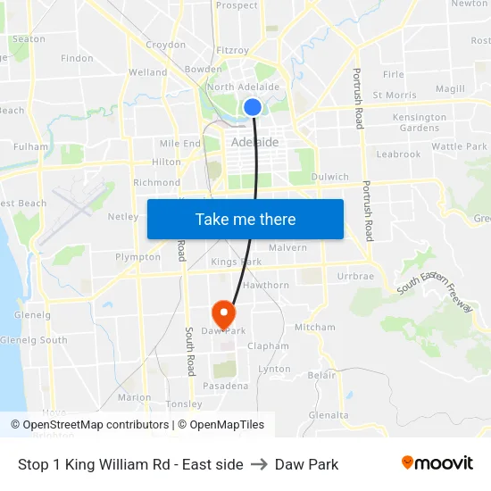 Stop 1 King William Rd - East side to Daw Park map