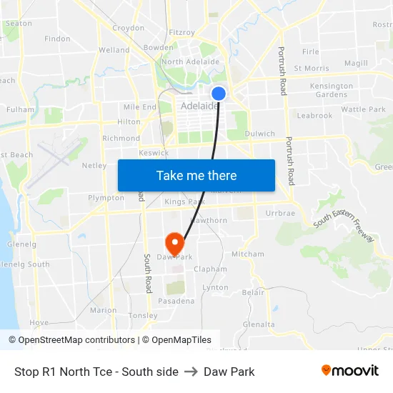 Stop R1 North Tce - South side to Daw Park map