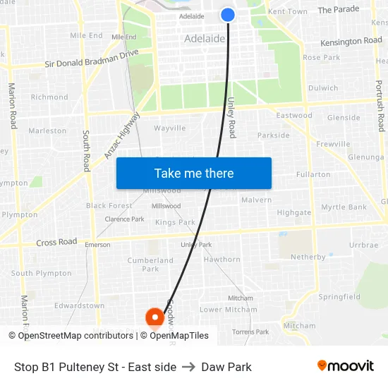 Stop B1 Pulteney St - East side to Daw Park map