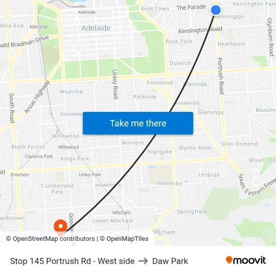 Stop 145 Portrush Rd - West side to Daw Park map