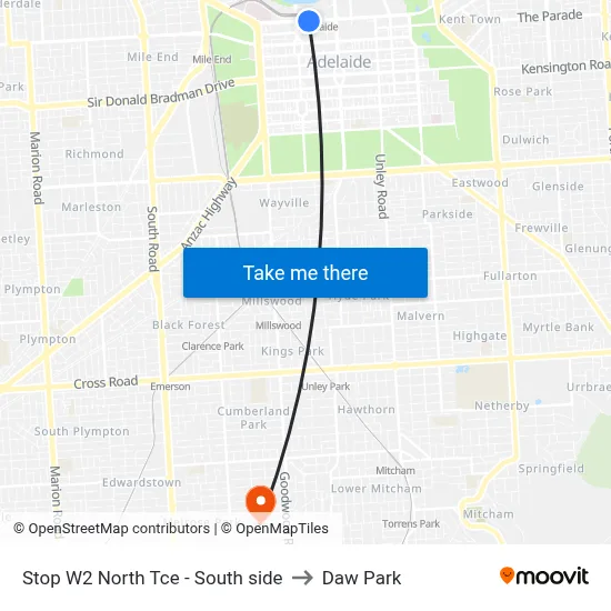 Stop W2 North Tce - South side to Daw Park map