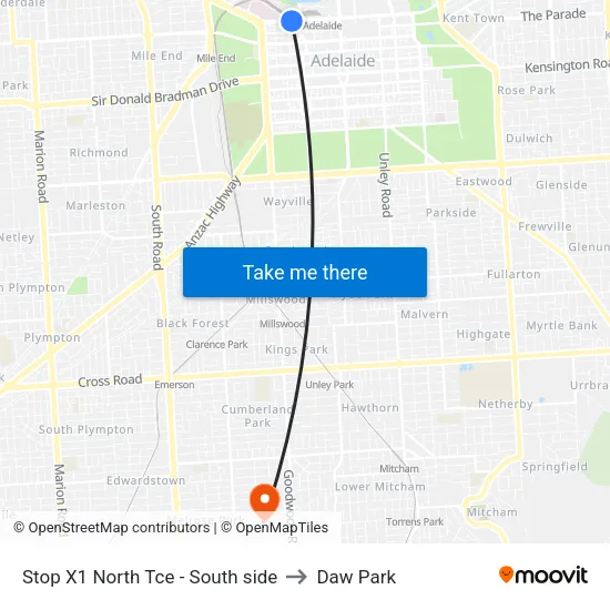 Stop X1 North Tce - South side to Daw Park map