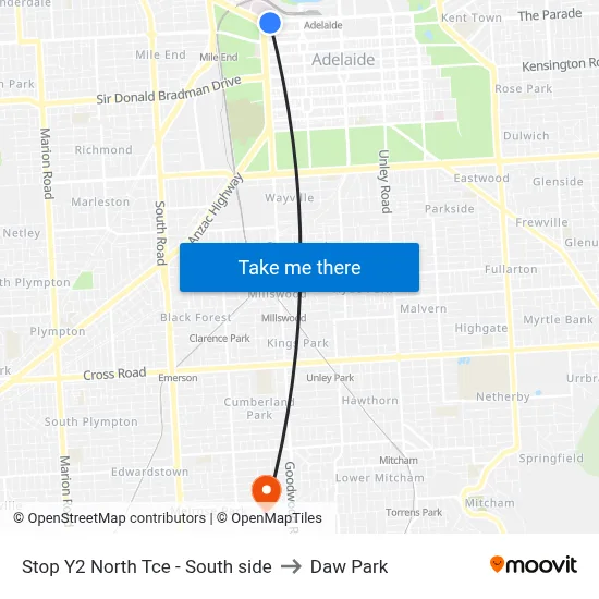 Stop Y2 North Tce - South side to Daw Park map