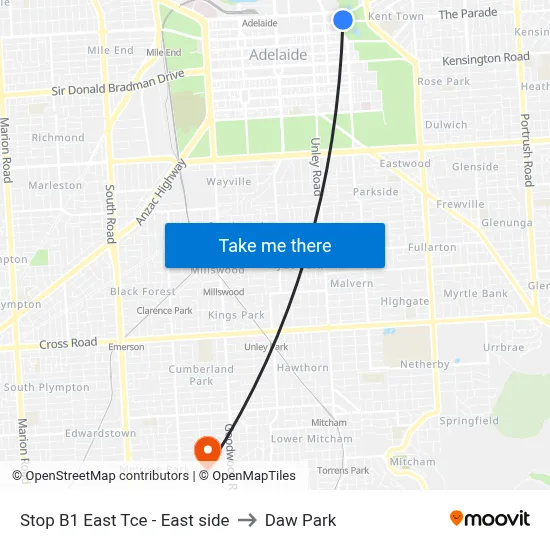 Stop B1 East Tce - East side to Daw Park map