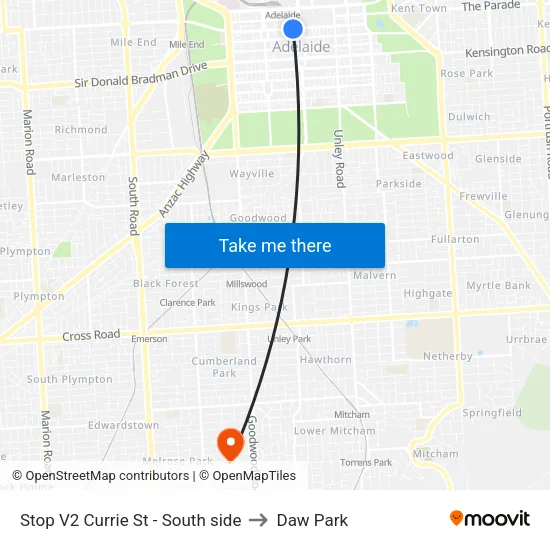 Stop V2 Currie St - South side to Daw Park map