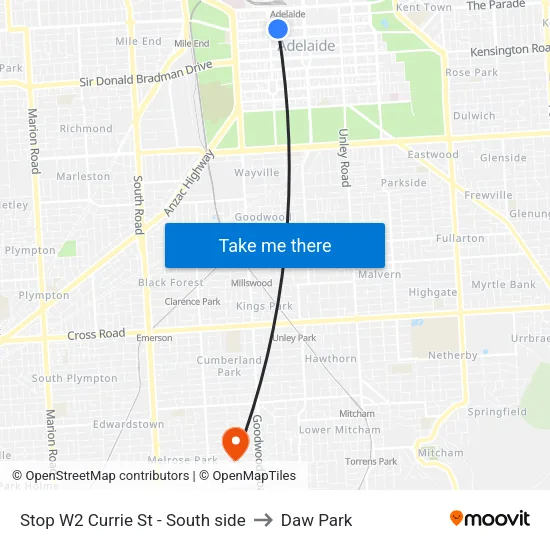 Stop W2 Currie St - South side to Daw Park map