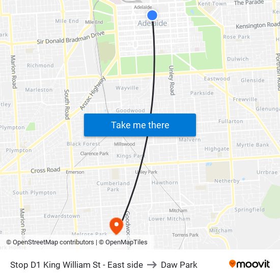 Stop D1 King William St - East side to Daw Park map