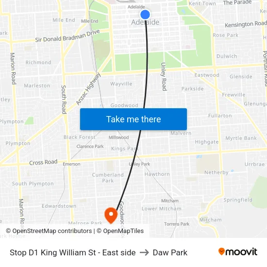 Stop D1 King William St - East side to Daw Park map