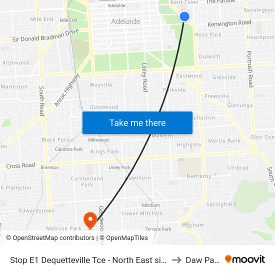 Stop E1 Dequetteville Tce - North East side to Daw Park map