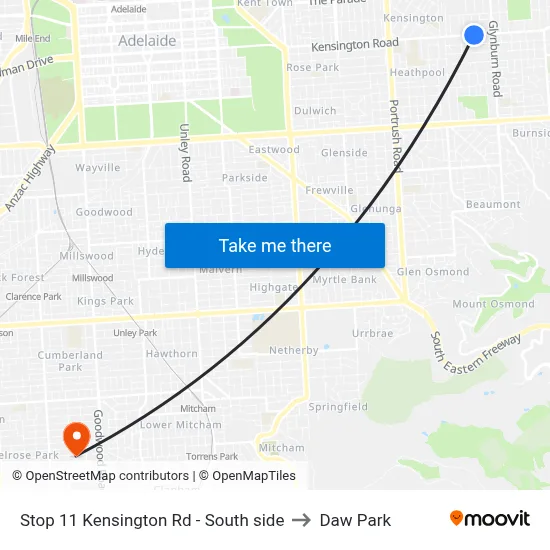 Stop 11 Kensington Rd - South side to Daw Park map
