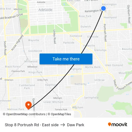 Stop 8 Portrush Rd - East side to Daw Park map