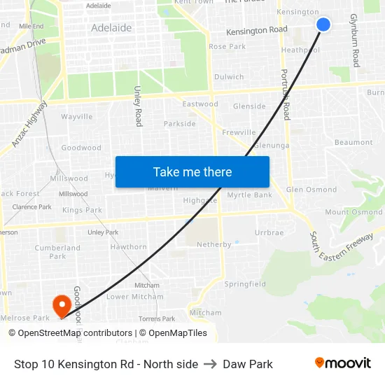 Stop 10 Kensington Rd - North side to Daw Park map